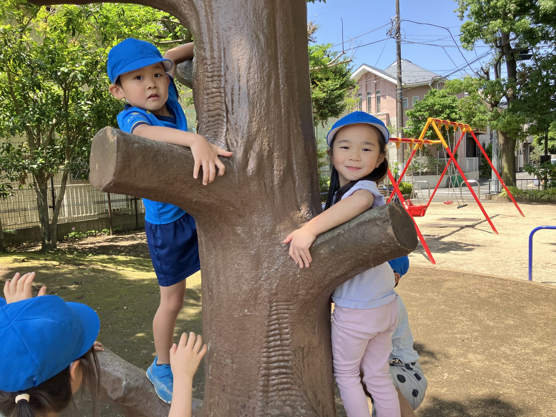 木に登る園児